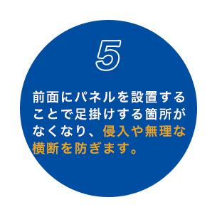 5 前面にパネルを設置することで足掛けする箇所がなくなり、侵入や無理な横断を防ぎます。
